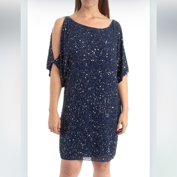 AIDAN MATTOX BEADED SEQUIN BEADED SILK Drape Cold Shoulder Party Dress Size 8 - Picture 7 of 9